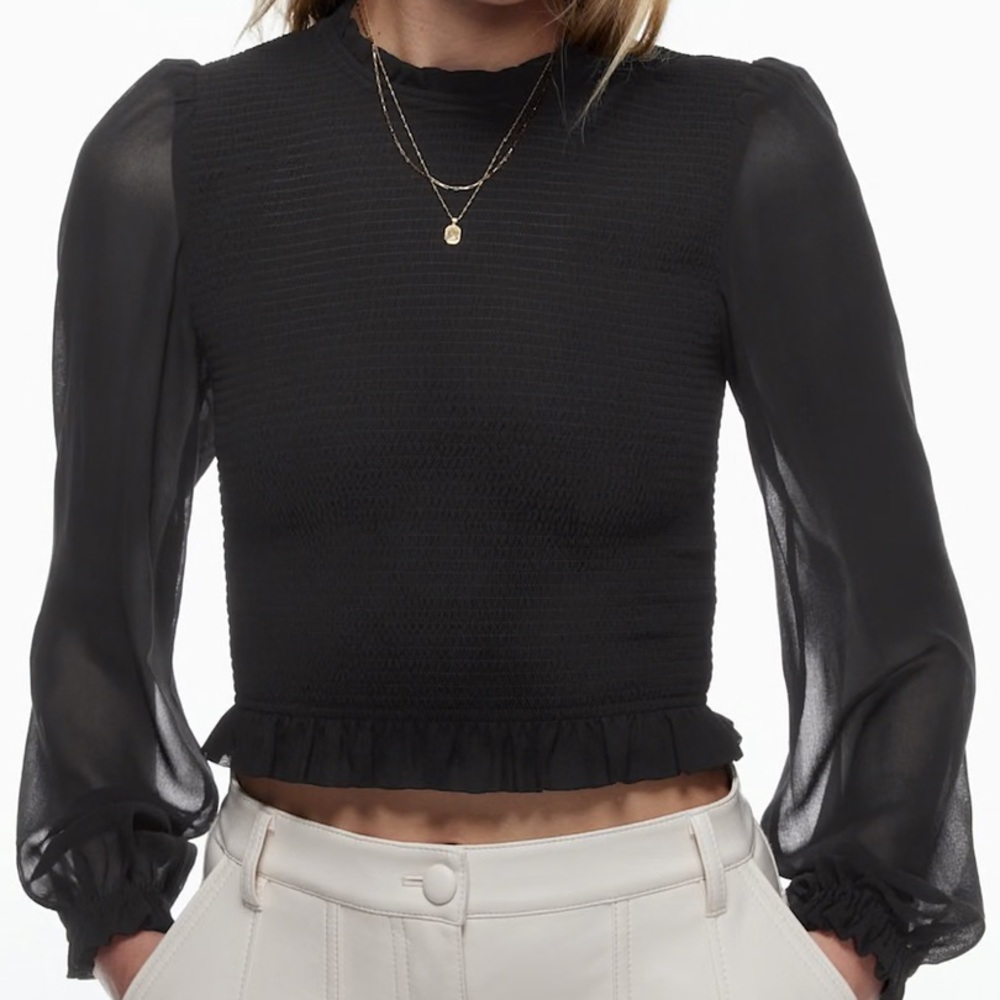 Aritzia Black Smocked Ruffle Peplum Blouse